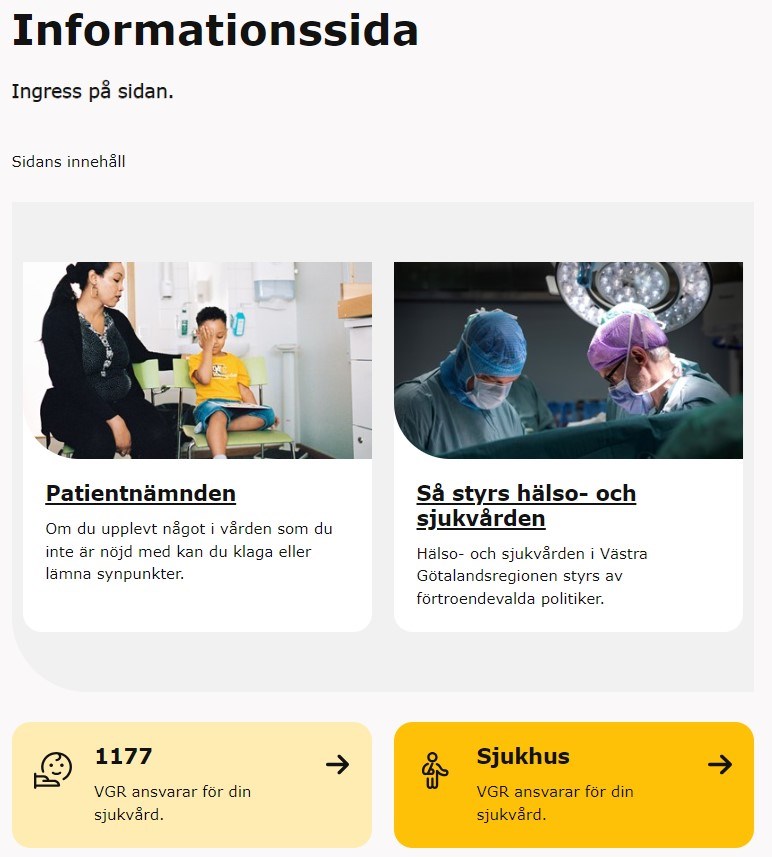 Skärmklipp på webbsida med två två puffar på grå bakgrund och två gula puffar i olika nyans